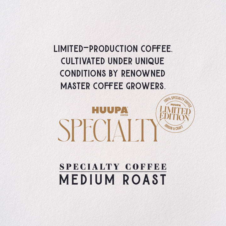 Promotional graphic for Huupa Coffee Specialty Coffee Medium Roast, featuring dark navy text and gold branding on a textured off-white background.