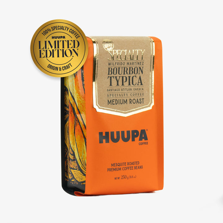 Orange coffee bag with 'HUUPA' branding and a gold 'Limited Edition' label on a white background
