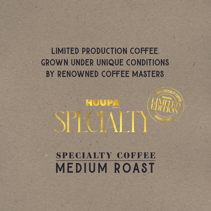 HUUPA Specialty coffee packaging with text about limited production and unique growing conditions.