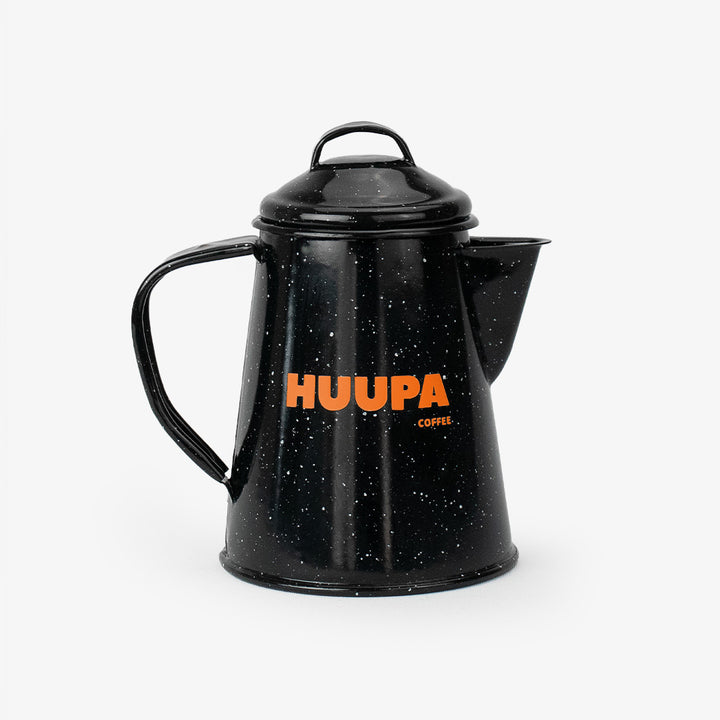 Black speckled coffee pot with 'HUUPA COFFEE' text on a white background