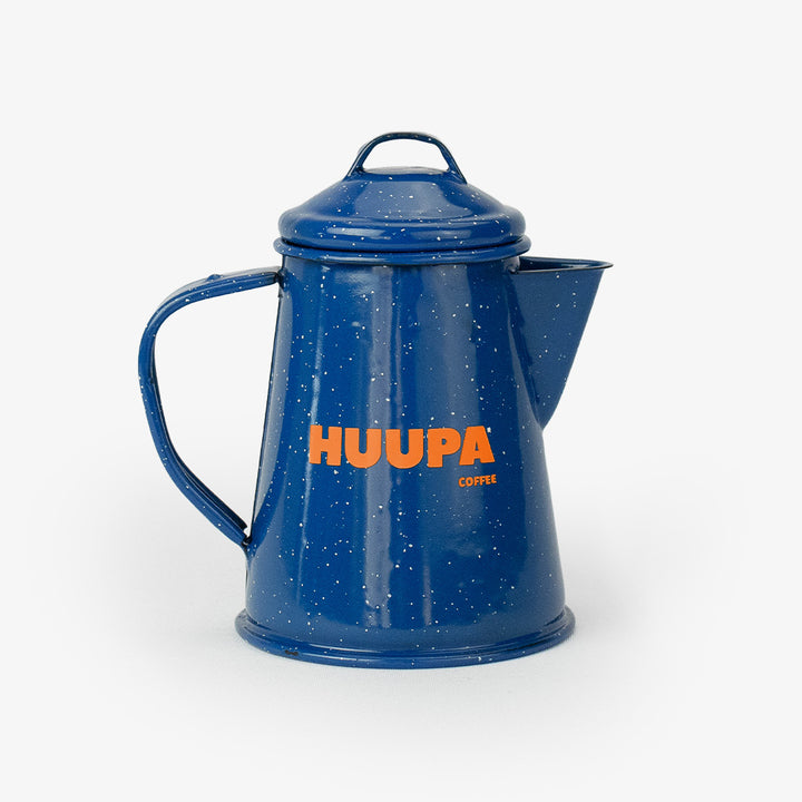 Blue enamel coffee pot with 'HUUPA COFFEE' text on a white background