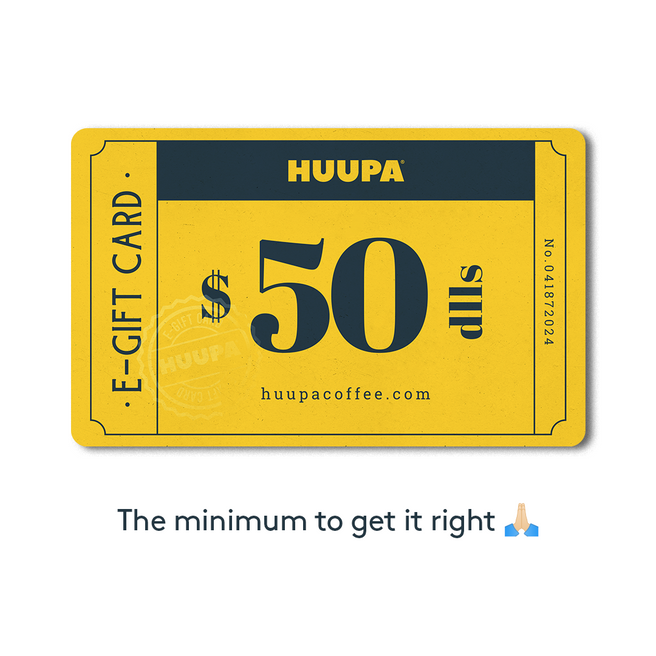 Yellow e-gift card with black text displaying $50 value and Huupa branding.