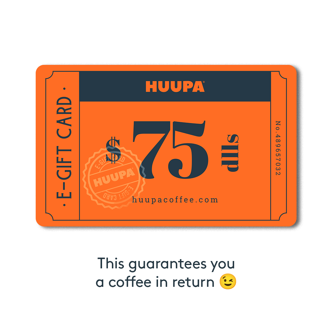 Orange e-gift card with HUUPA branding and a $75 value on a white background.
