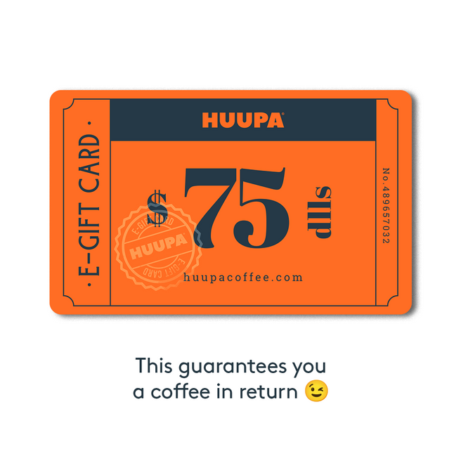 Orange e-gift card with HUUPA branding and a $75 value on a white background.