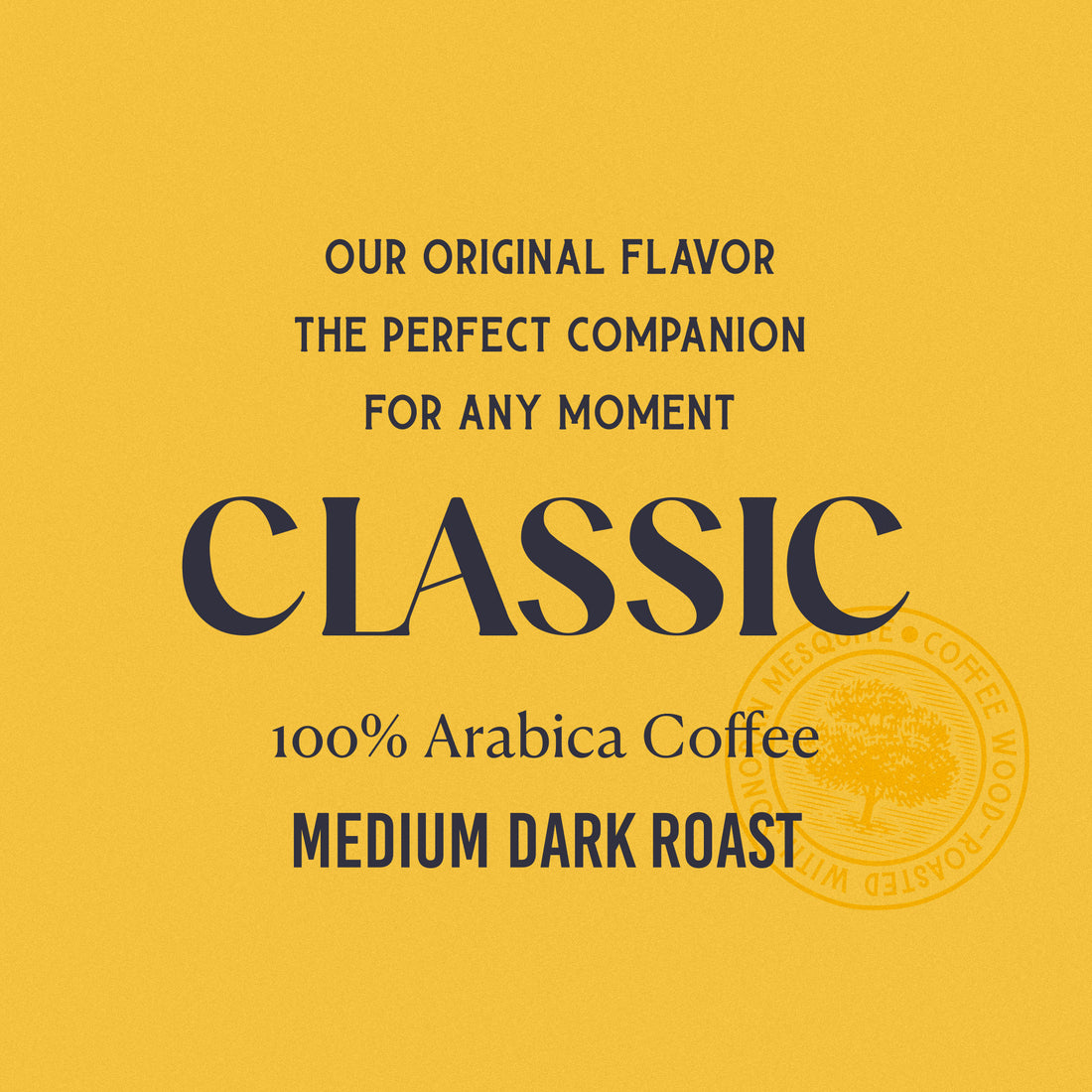 Advertisement for classic 100% Arabica coffee with text on a yellow background