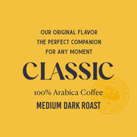 Advertisement for classic 100% Arabica coffee with text on a yellow background