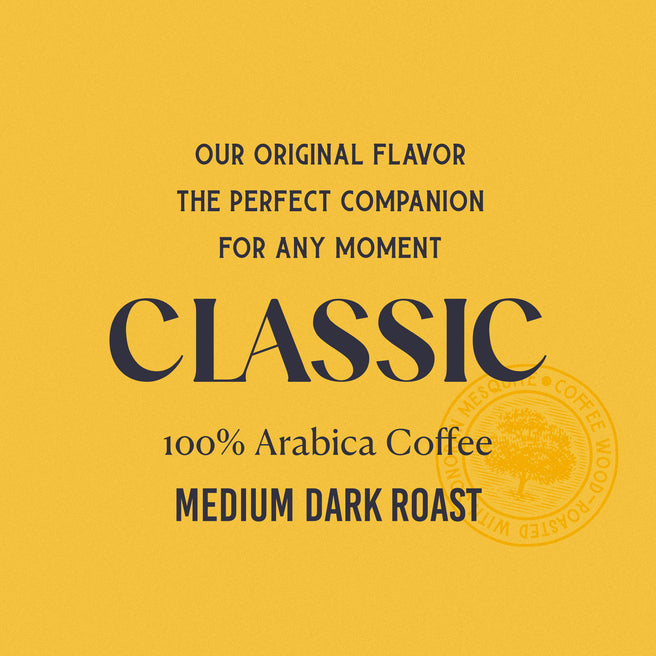 Advertisement for classic 100% Arabica coffee with text on a yellow background