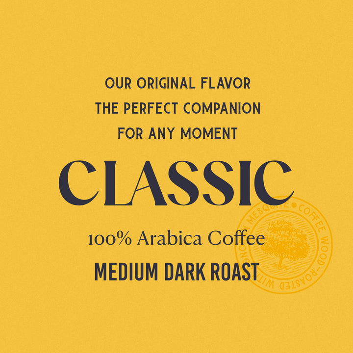 Advertisement for classic 100% Arabica coffee with text on a yellow background