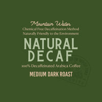 Text on a green background describing natural decaf coffee.