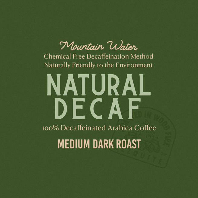 Text on a green background describing natural decaf coffee.