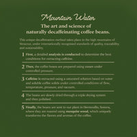 Text on a green background about naturally decaffeinating coffee beans.