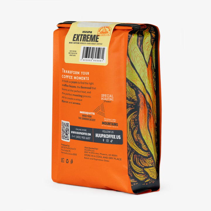 Orange Huupa Extreme Coffee bag with colorful design and text on a white background with the details in the back of the bag