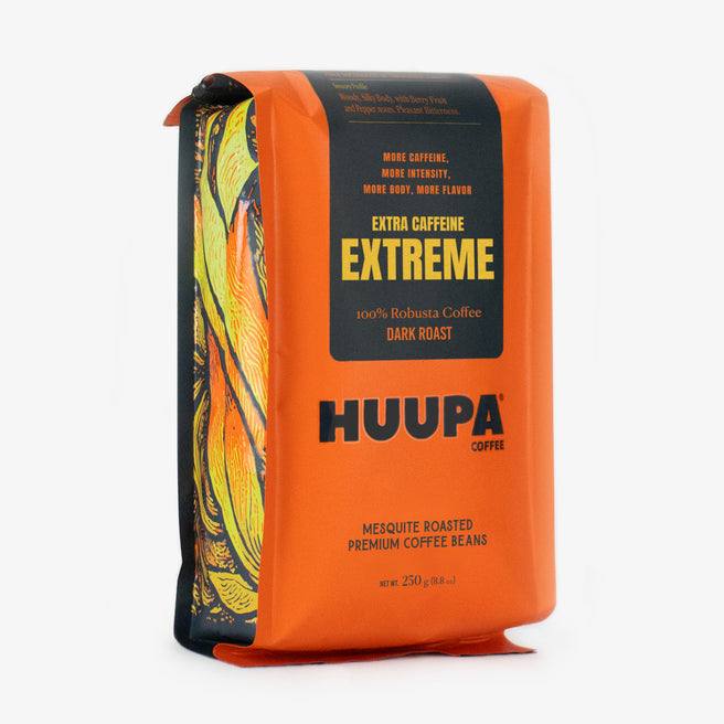 Orange and black coffee bag labeled 'Huupa Coffee' with 'Extra Caffeine Extreme' text on a white background
