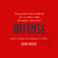 Red background with text about intense dark roast coffee blend