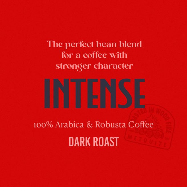 Red background with text about intense dark roast coffee blend