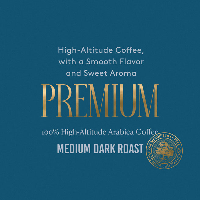 Advertisement for premium high-altitude coffee with text and a logo on a blue background