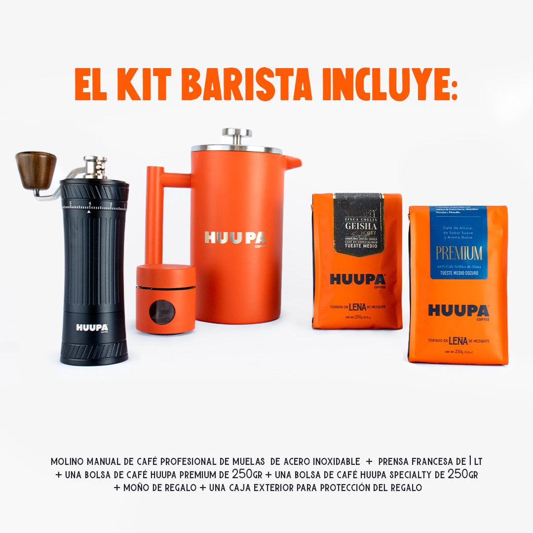 Barista kit with coffee grinder, French press, and coffee bags on a white background