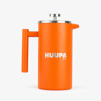 An orange Huupa Coffee press , featuring a stainless steel plunger at the top, a matching orange handle, and the 'HUUPA coffee' logo printed in white on the front, set against a plain white background.