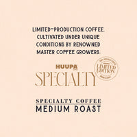 A square product graphic for Huupa Coffee Specialty Coffee Medium Roast, featuring dark navy text and a gold logo on a textured light beige background with a gold circular 'Limited Edition' stamp.