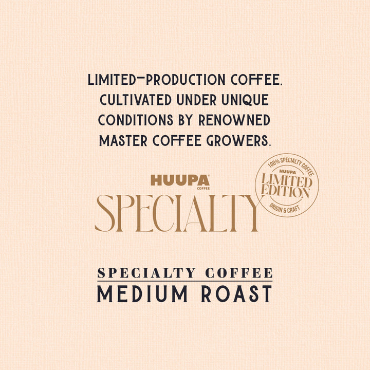 A square product graphic for Huupa Coffee Specialty Coffee Medium Roast, featuring dark navy text and a gold logo on a textured light beige background with a gold circular 'Limited Edition' stamp.