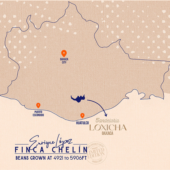 A stylized map graphic showing the outline of Oaxaca, Mexico, with labeled points including Sacra City, Puerto Segundo, Huatulco, and Loxicha Oaxaca. The map has a beige textured background with blue contour lines and text reading 'Finca Chelín' and 'Beans Grown.