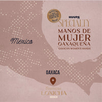 HUUPA Specialty coffee packaging with map of Mexico and Oaxaca, featuring 'Manos de Mujer Oaxaqueña' .