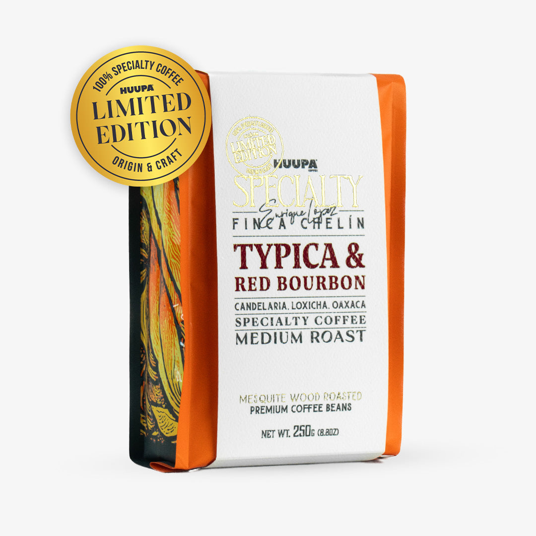 A package of Huupa Typica &amp; Red Bourbon specialty coffee, shown in a 250g bag with a gold &