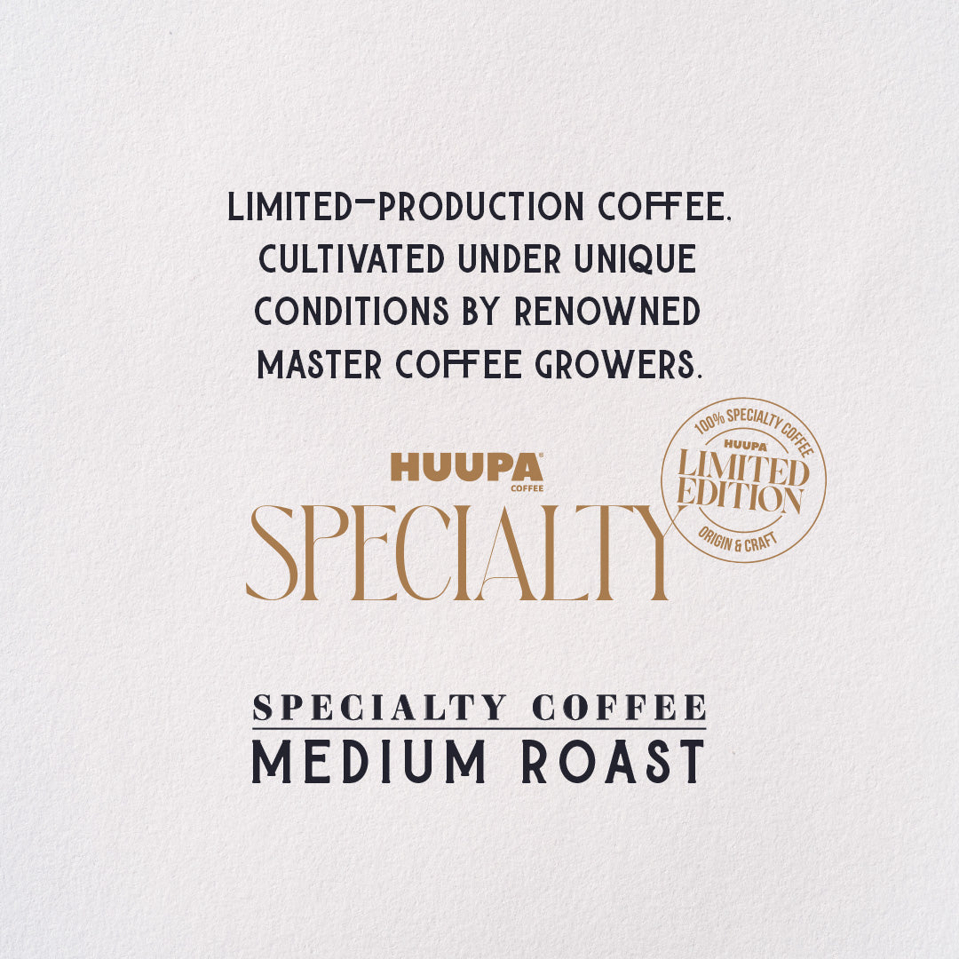 Promotional graphic for Huupa Coffee Specialty Coffee Medium Roast, featuring dark navy text and gold branding on a textured off-white background.