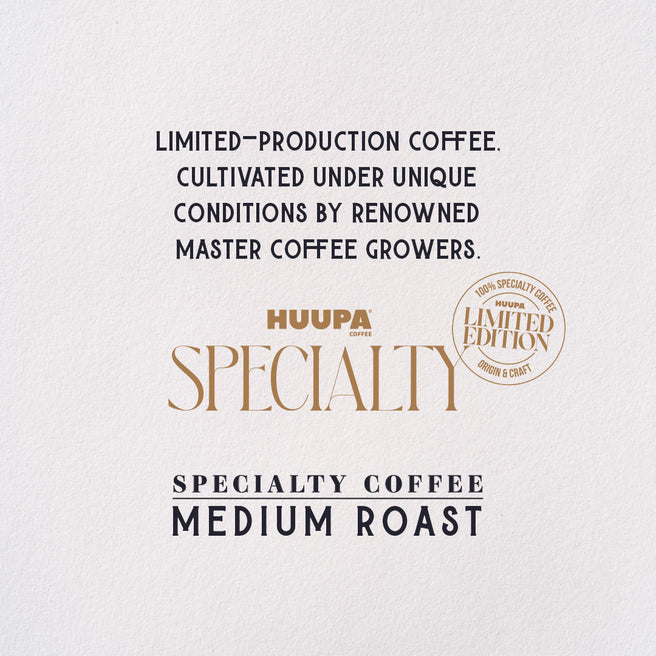 Promotional graphic for Huupa Coffee Specialty Coffee Medium Roast, featuring dark navy text and gold branding on a textured off-white background.