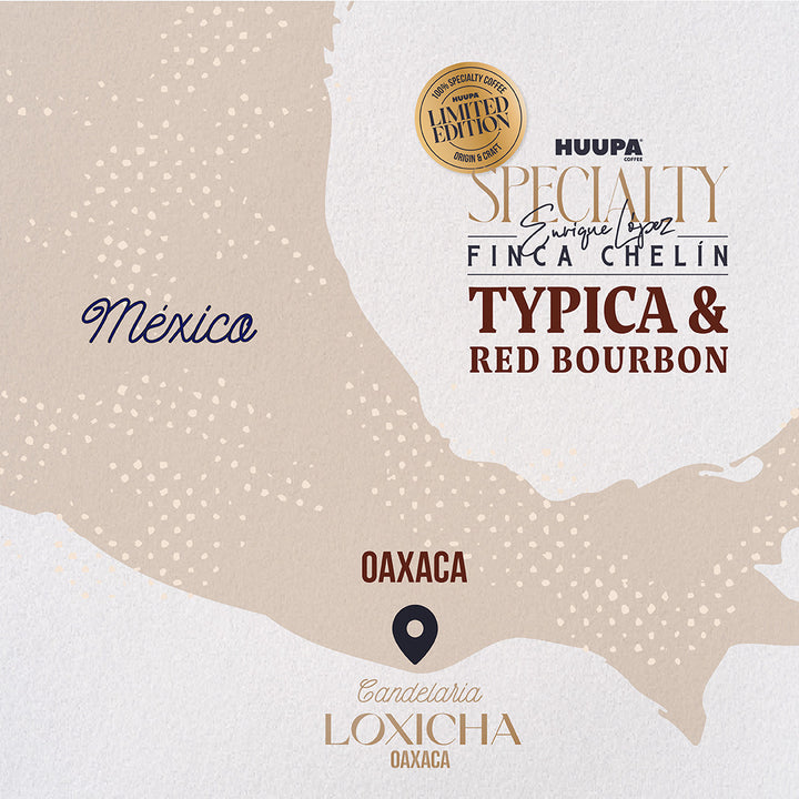 A stylized map graphic highlighting Oaxaca, Mexico, with overlaid branding and product text for Huupa Specialty featuring Finca Chelin Typica & Red Bourbon, and Candelaria Loxicha in Oaxaca.