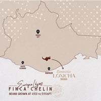 A stylized map graphic showing the location of Finca Chelín beans grown at 4921 to 5906 ft, with labeled points for Oaxaca City, Puerto Escondido, and Huatulco, plus the text 'Candelaria Loxicha Oaxaca.'.