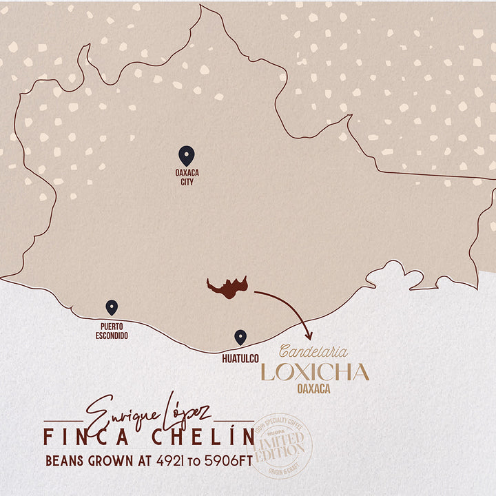 A stylized map graphic showing the location of Finca Chelín beans grown at 4921 to 5906 ft, with labeled points for Oaxaca City, Puerto Escondido, and Huatulco, plus the text 'Candelaria Loxicha Oaxaca.'.