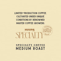 A flat graphic on a warm cream background with dark navy text reading 'LIMITED-PRODUCTION COFFEE. CULTIVATED UNDER UNIQUE CONDITIONS BY RENOWNED MASTER COFFEE GROWERS.