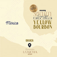 A cream-colored graphic map highlighting Oaxaca, Mexico, with text reading 'México, 'Oaxaca', and 'Candelaria Loxicha Oaxaca'. Prominent product text includes 'HUUPA', 'SPECIALTY', 'Finca Chelin', and 'Yellow Bourbon', plus a gold circular 'Limited Edition' seal.