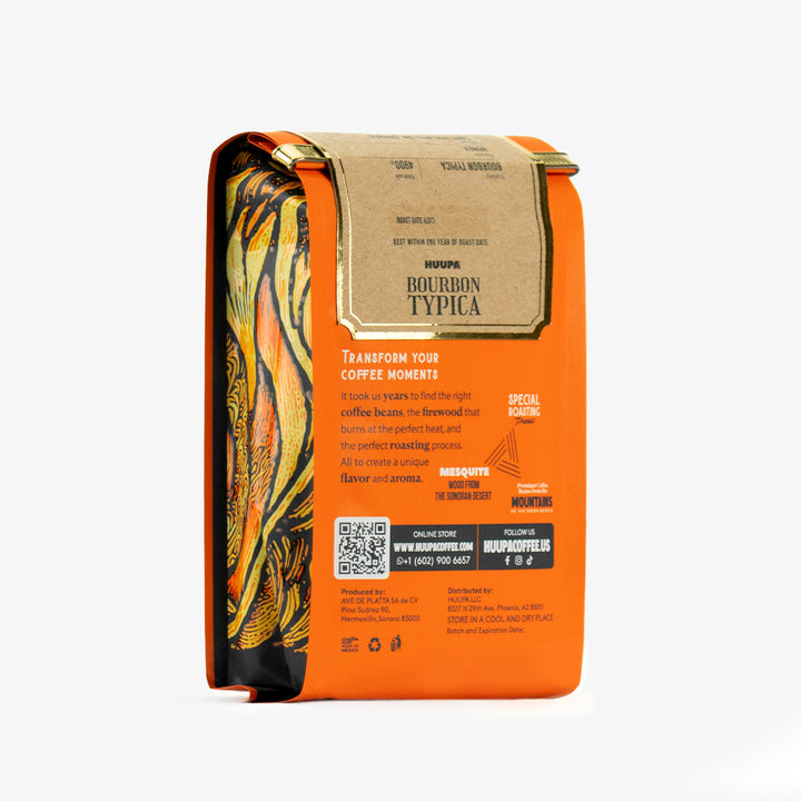 Orange specialty coffee bag on a white background