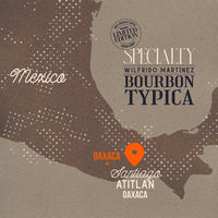 Map of Mexico with text about Specialty Wilfrido Martinez Bourbon Typica, featuring locations like Oaxaca and Santiago Atitlan.