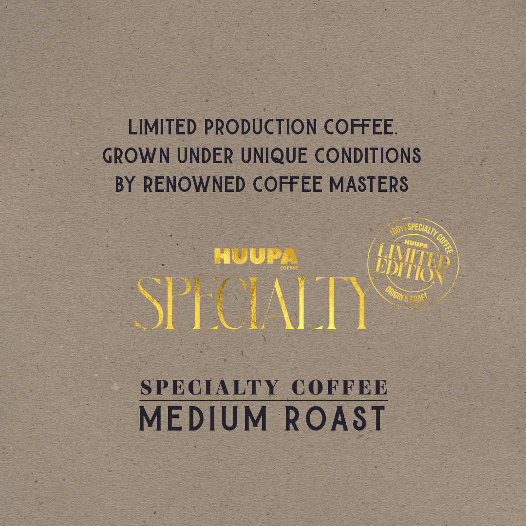 HUUPA Specialty coffee packaging with text about limited production and unique growing conditions.
