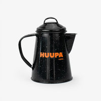Black speckled coffee pot with 'HUUPA COFFEE' text on a white background