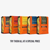 Huupa Sampler, 5 Huupa Coffee orange bags with a white background