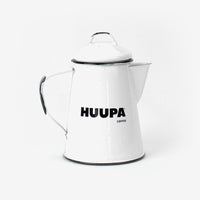 White enamel coffee pot with 'HUUPA COFFEE' branding on a white background