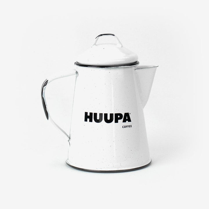 White enamel coffee pot with 'HUUPA COFFEE' branding on a white background