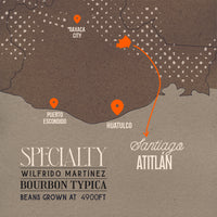 Map of Santiago Atitlán and details about Wilfrido Martínez Bourbon Typica beans.