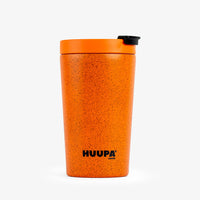 Orange tumbler with black lid on a white background